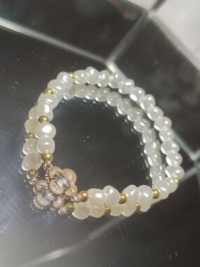 Pearl Bead Double-Strand Bracelet with Gold Accent and Clover Charm